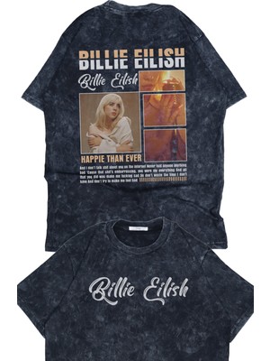 Fuddy Moda Oversize Billie Eilish Sırt Baskılı Yıkamalı T-Shirt, Unisex Happier Then Ever Yazılı Tişört