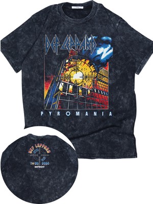 Oversize Def Leppard Pyromania Ense Baskılı Yıkamalı T-Shirt, Unisex Rock Band Temalı Retro Tişört