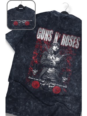 Oversize Red Guns N' Roses Sırt Baskılı Yıkamalı T-Shirt, Unisex Rock Band Temalı Retro Tişört