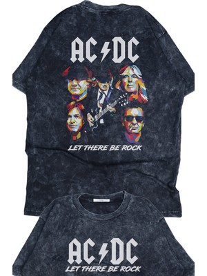 Oversize Ac Dc Let There Be Rock Sırt Baskılı Yıkamalı T-Shirt, Unisex Rock Band Temalı Tişört