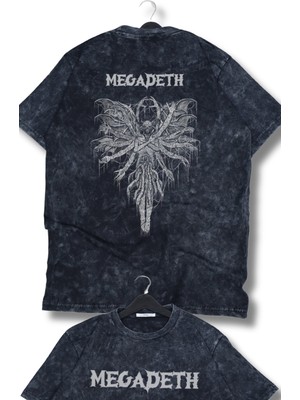 Oversize Yaratık Megadeth Sırt Baskılı Yıkamalı T-Shirt, Unisex Rock Band Temalı Vintage Tişört