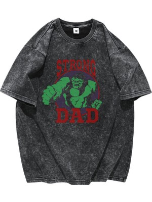 Hulk Strong Dad Yazılı Yıkamalı Tişört, Oversize Babalar Günü Temalı Vintage T-Shirt