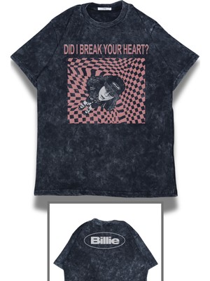 Oversize Did I Break Your Heart Ense Baskılı Yıkamalı Tişört, Unisex Billie Eilish Temalı T-Shirt