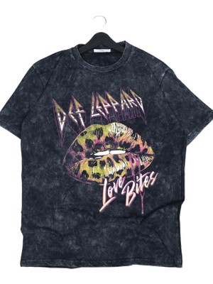 Oversize Def Leppard Love Bites Baskılı Yıkamalı T-Shirt, Unisex Rock Band Temalı Retro Tişört