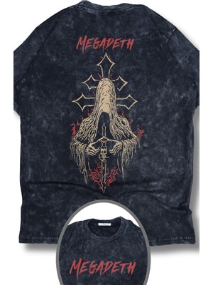 Oversize Haçlı Megadeth Sırt Baskılı Yıkamalı T-Shirt, Unisex Rock Band Temalı Vintage Tişört