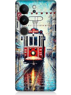 Vivo V295G Uyumlu Yağmurlu Sokakta Kırmızı Tramvay  Desenli Silikon Kılıf