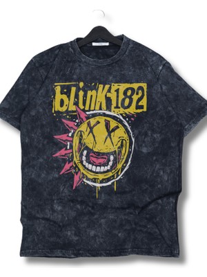 Oversize Yellow BLINK-182 Baskılı Yıkamalı T-Shirt, Unisex Rock Band Temalı Vintage Tişört