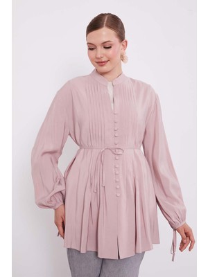 Pudra Düğme Detay Belden Bağlama Gömlek