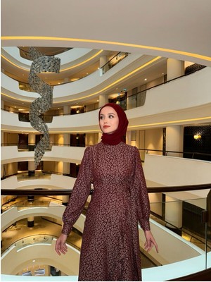 Kadın Leopar Desenli Toka Kuşaklı Uzun Bordo Elbise
