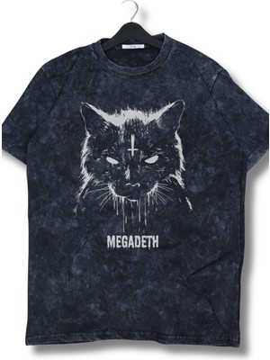 Oversize Cat Megadeth Baskılı Yıkamalı T-Shirt, Unisex Rock Band Temalı Retro Tişört