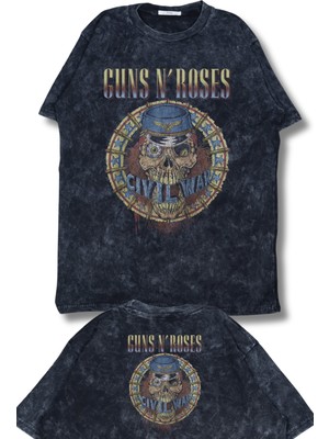 Oversize Cıvıl War Guns N' Roses Ense Baskılı Yıkamalı T-Shirt, Unisex Rock Band Temalı Tişört
