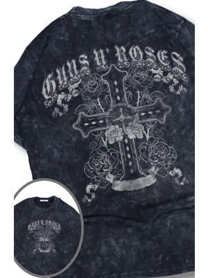 Oversize Artı Guns N' Roses Sırt Baskılı Yıkamalı T-Shirt, Unisex Rock Band Temalı Retro Tişört