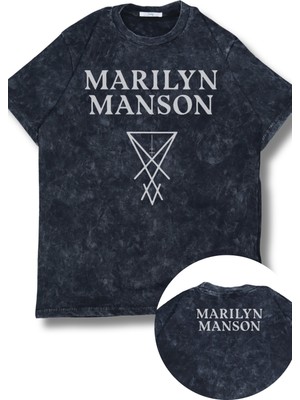 Oversize Marilyn Manson Ense Yazılı Yıkamalı T-Shirt, Unisex Rock Band Baskılı Retro Tişört