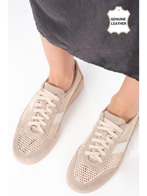 Mio Gusto Irina Hakiki Deri Bej Renk Fileli Kadın Spor Ayakkabı