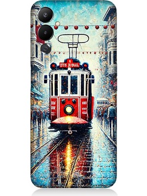 Tecno Pova 3 Uyumlu Yağmurlu Sokakta Kırmızı Tramvay  Desenli Silikon Kılıf