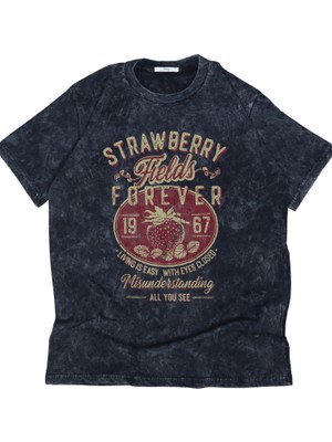 Oversize Strawberry Fields Forever Baskılı Yıkamalı T-Shirt, Unisex The Beatles Temalı Tişört