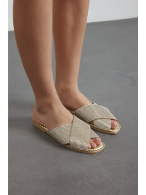 Seniorah Kleopatra Altın taşlı metalik Cilt Kadın Terlik