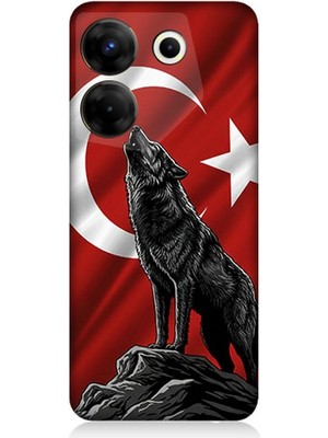 Tecno Camon 20 Pro 5g Uyumlu Bayrak Önünde Uluyan Kurt  Desenli Silikon Kılıf