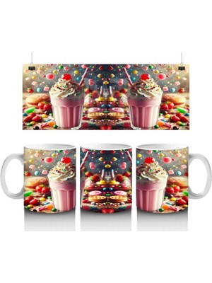 Çocuklara Sütü Sevdiren Renkli Şekerlerle Süslenmiş Milkshake Desenli Kupa Bardak