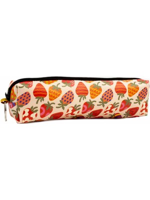 Renkli Çilekler Tasarımlı Fermuarlı Kalemlik - Tek Bölmeli Kalemlik Kalem Kutusu