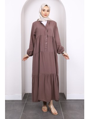 Koyuv Vizon Yarım Düğmeli Eteği Katlı Modal Elbise