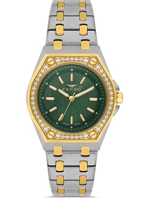 Ferro FL43007A-D6 Quartz Çelik Altın/gri Yeşil Kadran 33 mm Kadın Kol Saati