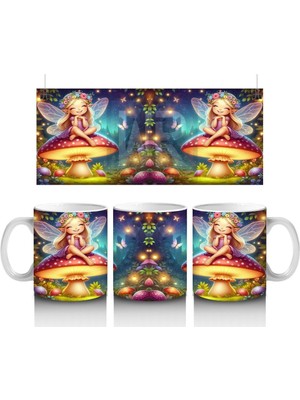 Çocuklara Sütü Sevdiren Mantar Üstünde Oturan Çiçek Taçlı Peri Desenli Kupa Bardak