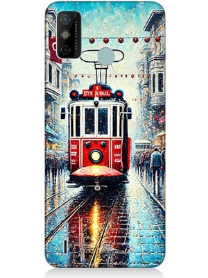 Tecno Spark 6 Go Uyumlu Yağmurlu Sokakta Kırmızı Tramvay  Desenli Silikon Kılıf
