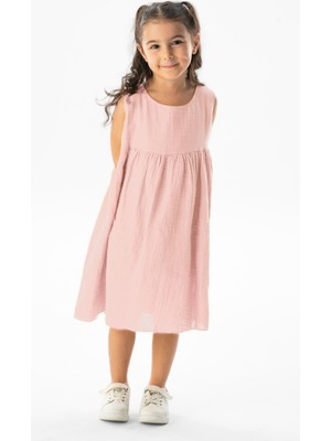 Kolsuz Bilge Yazlık Müslin Çocuk Elbise Pudra Pdr