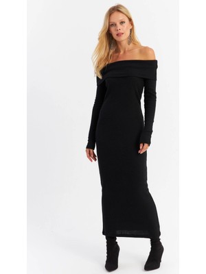Kadın Siyah Madonna Yaka Kaşkorse Maxi Elbise Hol1