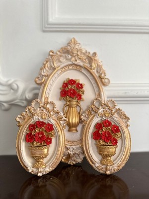 Kırmızı Çiçekli Dekoratif El Yapımı Tablo 3 Lü Set