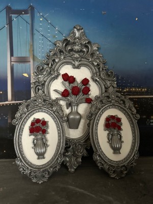 Gümüş Kırmızı Çiçekli 3lü El Yapımı Tablo
