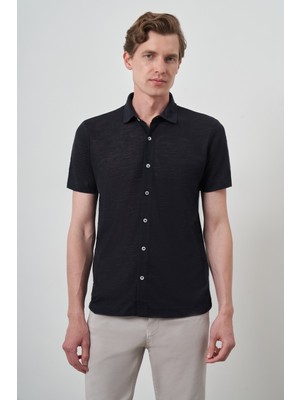  Erkek Lacivert Trend Apaçi Yaka Kısa Kollu Gömlek