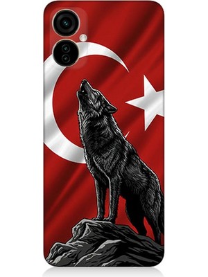 Tecno Camon 19 Neo Uyumlu Bayrak Önünde Uluyan Kurt  Desenli Silikon Kılıf