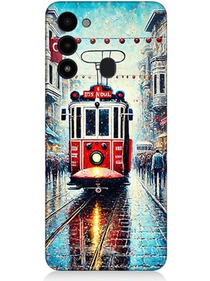 Tecno Spark 8c Uyumlu Yağmurlu Sokakta Kırmızı Tramvay  Desenli Silikon Kılıf