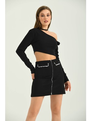 Kadın Dantel Detay Siyah Mini Etek