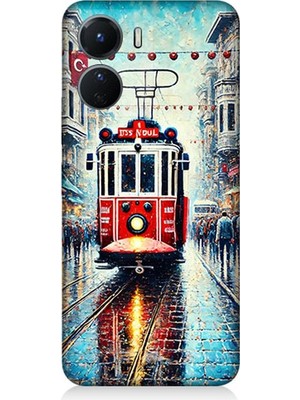 Vivo V16 Uyumlu Yağmurlu Sokakta Kırmızı Tramvay  Desenli Silikon Kılıf