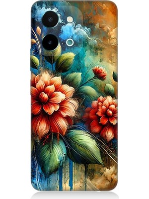 Vivo Y28 Uyumlu Kırmızı Çiçek ve Tomurcuklar  Desenli Silikon Kılıf