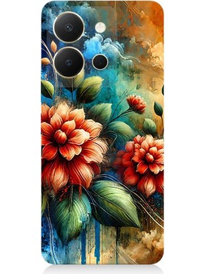 Vivo Y36 Uyumlu Kırmızı Çiçek ve Tomurcuklar  Desenli Silikon Kılıf