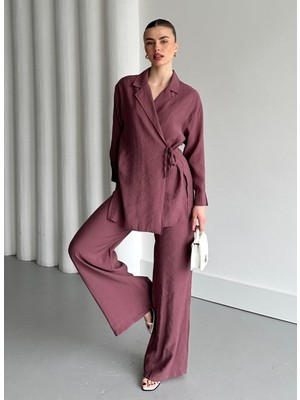 Gül Kurusu Yaka Detaylı Bağlamalı Kimono Takım