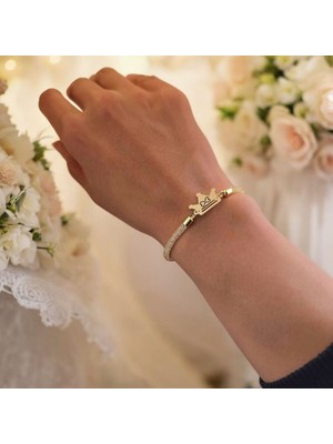 Archin Sonsuzluk Temalı 14 Ayar Altın Plakalı Hasır Kordonlu Taç Figürlü Hediye Bileklik-464SEMBOL