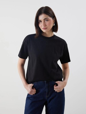 Lcw Modest  Bisiklet Yaka Taşlı Kadın Tişört  (S5)