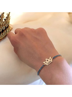 Archin Seda İsmine Özel Mavi Taş Desenli Taç Figürlü 14 Ayar Altın Plakalı Hediye Bileklik-466İsim