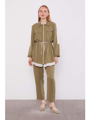 Haki Taşlı Şerit Detaylı Ikili Takım