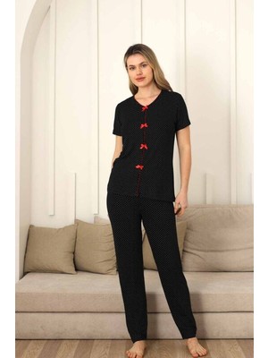 Monox Kadın Kırmızı Fiyonklu Beyaz Puantiyeli Kısa Kol Pijama Takımı