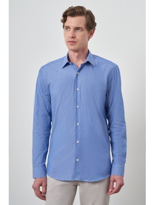  Erkek Mavi Pamuk Trend Slim Fit Sert Yaka Gömlek
