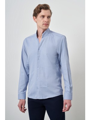  Erkek Mavi Slim Fit Dik Yaka Gömlek