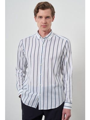  Erkek Lacivert Keten Dynamic Fit Düğmeli Yaka Gömlek