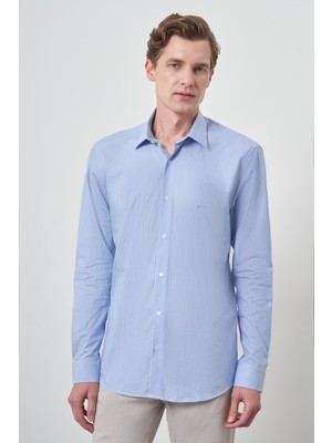  Erkek A. Mavi Pamuk Trend Slim Fit Sert Yaka Gömlek
