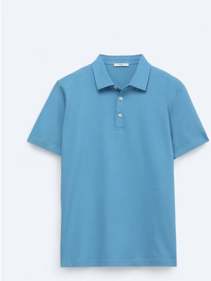 Kip Mavi Polo Yaka Pamuk Karışımlı T-Shirt